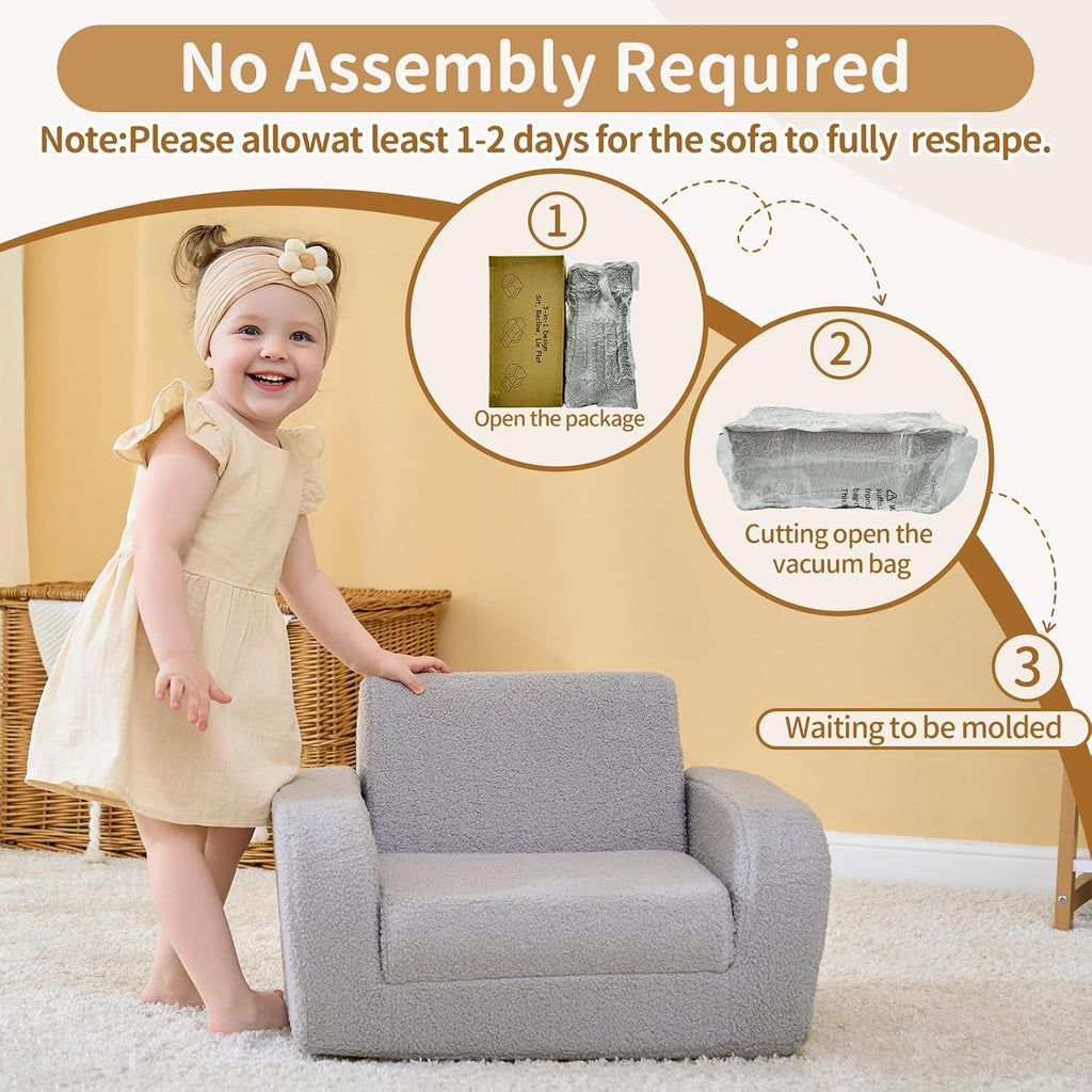 KidBloom 3-in-1 Toddler Couch, Toddler Chairs Comfy 2-3 Years Old, Gray