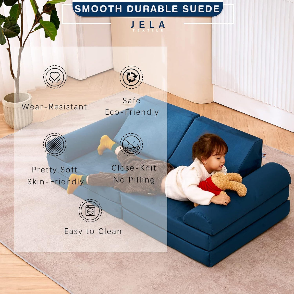 jela Kids Play Couch, Safety Certified Toddler Modular Foam Couch,Convertible Playroom Furniture,Soft Building Fort Set Indoor (57"x28"x18", Navy Blue)