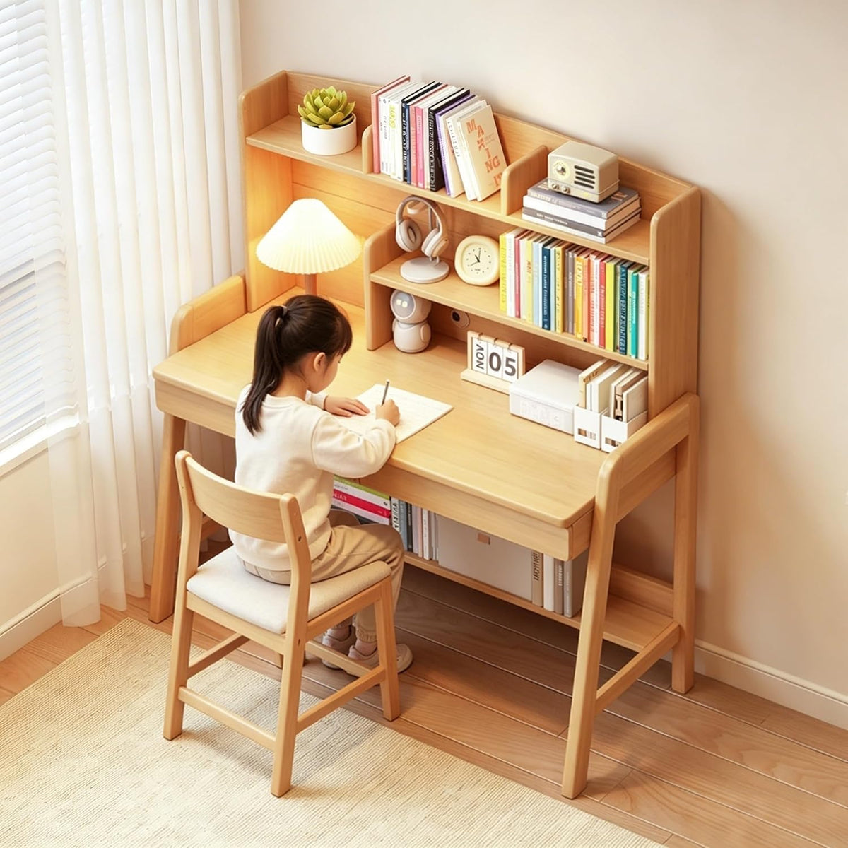 Kids Study Desk with Bookshelf＆Two Drawers for 3-8 Years Old, Height Adjustable Child's School Study Writing Tables Wooden Children's Study Table & Small Writing Desk for Boys and Girls, Natural