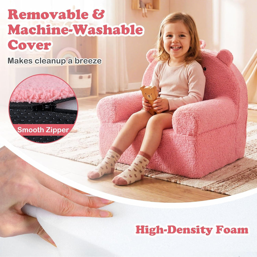 Costzon Kids Sofa, Comfy Bear Toddler Foam Couch with Soft Fleece Fabric Cover, Kids Furniture for Playroom, Children Reading Armchair for Boys & Girls Aged 3+ (["Teddy Fleece],Pink)