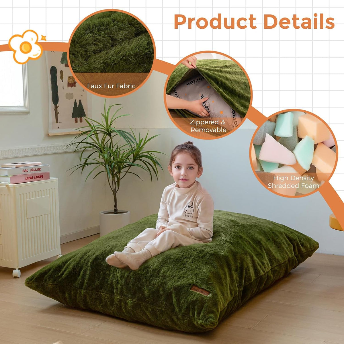 MAXYOYO 3 in 1 Kids Bean Bag Chair, Comfy Floor Sofa with Removed Cover