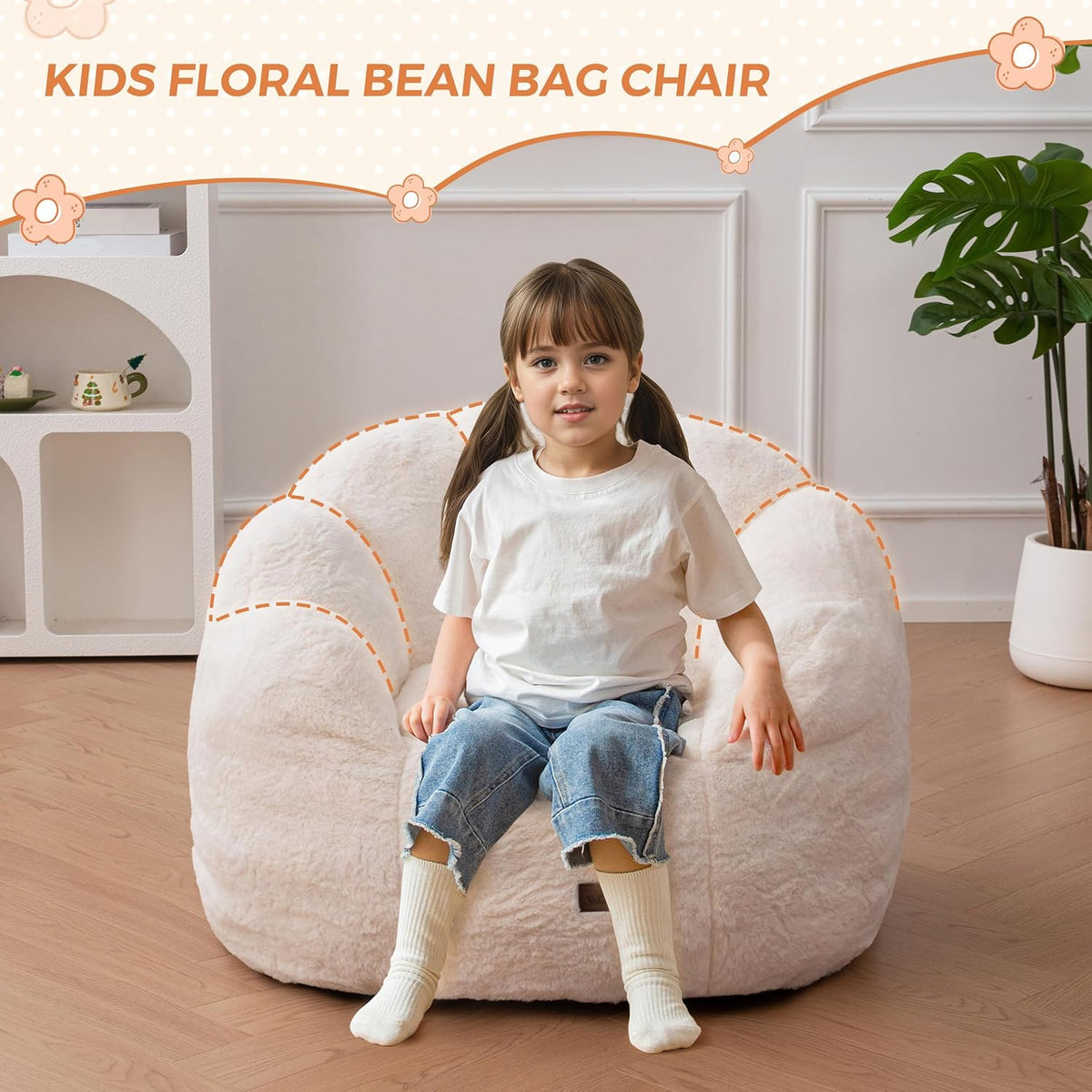 MAXYOYO Kids Bean Bag Chair, Floral Shaped Bean Bag Sofa, Beige