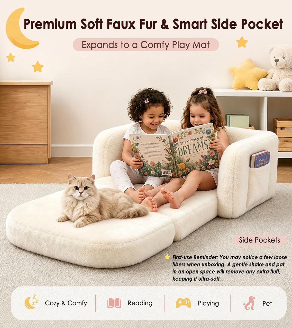 Foryoomi 2-in-1 Kids Plush Kids Couch, Extra Wide Toddler Couch with Bonus Blanket – Ultra-Thick Faux Fur Convertible Sofa Chair, Fold-Out Play Mat, Side Pocket & Carry Handle, Beige