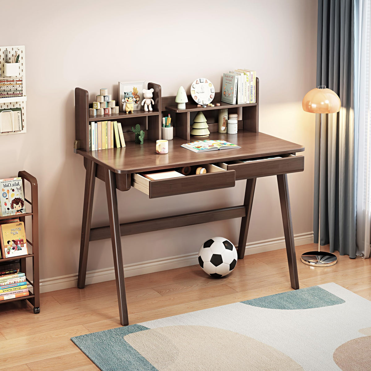 Kids Desk＆Table Rubber Wood Children’s Study Desk with Bookshelf and Two Drawers Desk for 3 Years Old and Above Student's Study Computer Workstation & Writing Table for Home Use(Brown