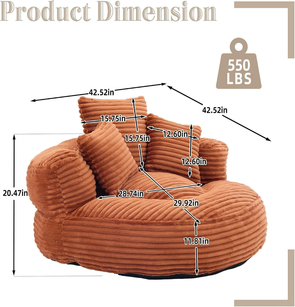 Corduroy Bean Bag Chair with 3 Pillows Armrest Foam Filler for Adult Kids