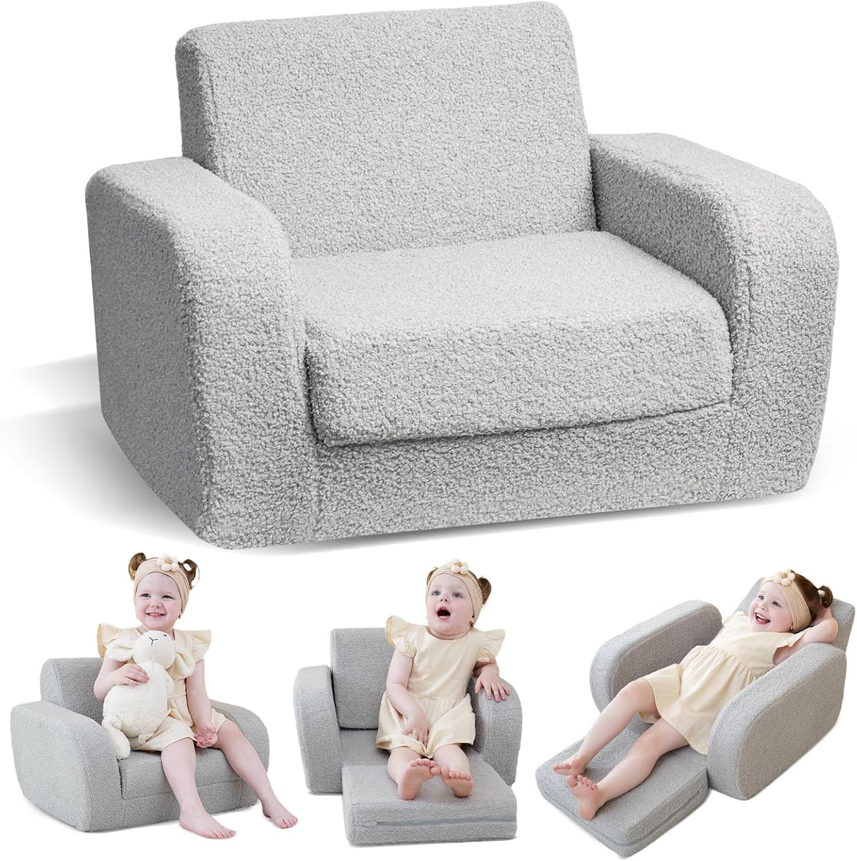 KidBloom 3-in-1 Toddler Couch, Toddler Chairs Comfy 2-3 Years Old, Gray