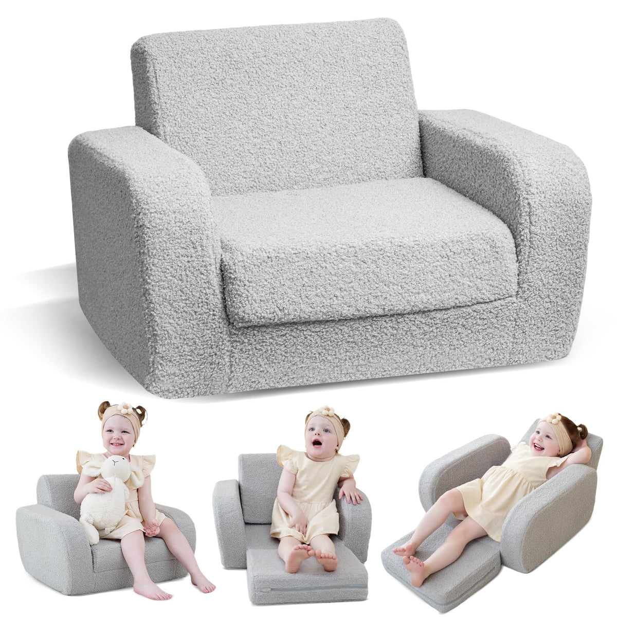 KidBloom 3-in-1 Toddler Couch, Toddler Chairs Comfy 2-3 Years Old, Gray