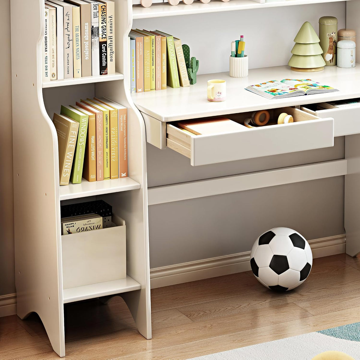 Kids Desk Kids Table with Bookshelf and Two Drawers Rubberwood Kids Media Desk Student Learning Computer Workstation and Writing Desk(White)