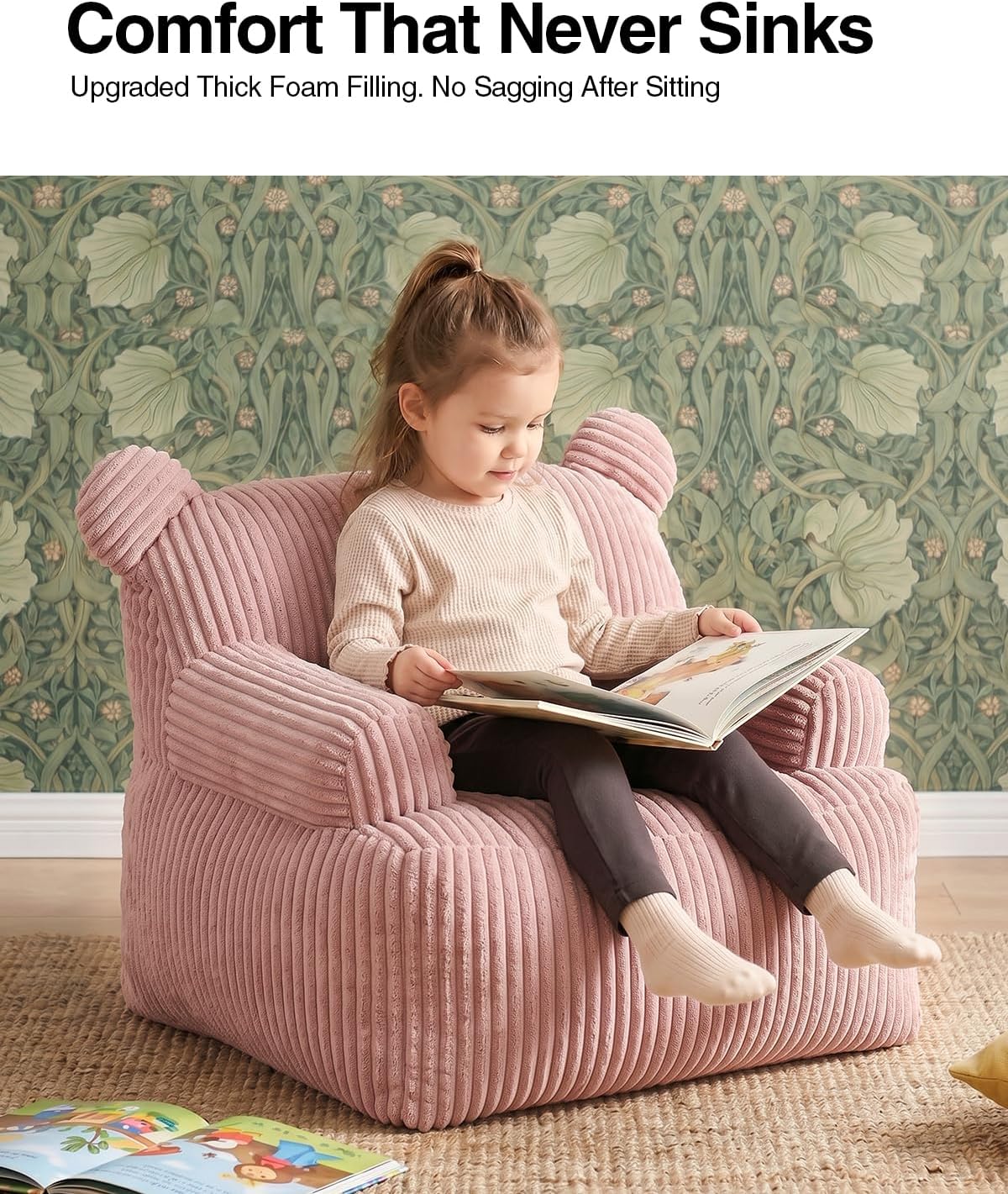Kids Bean Bag Chair Soft Stuffed Floor Sofa with Pocket for Reading, Pink
