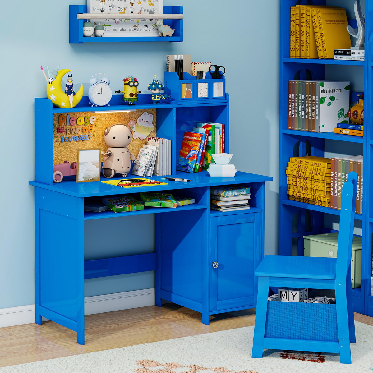 Kids Desk and Chair Set with Cork Board & Removable LED Light, White