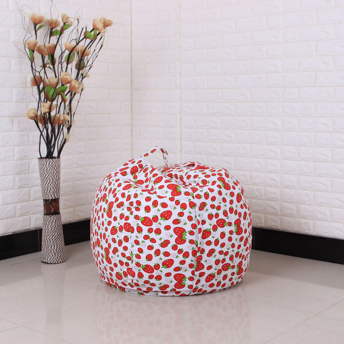 ELEOPTION Stuffed Animal Storage Bean Bag Chair Cover, Large Size 38inch Cotton Canvas Children Plush Toy Organizer Storage Bag Fill Fun Chair for Kids Room or Bedroom (Strawberry, 32in)