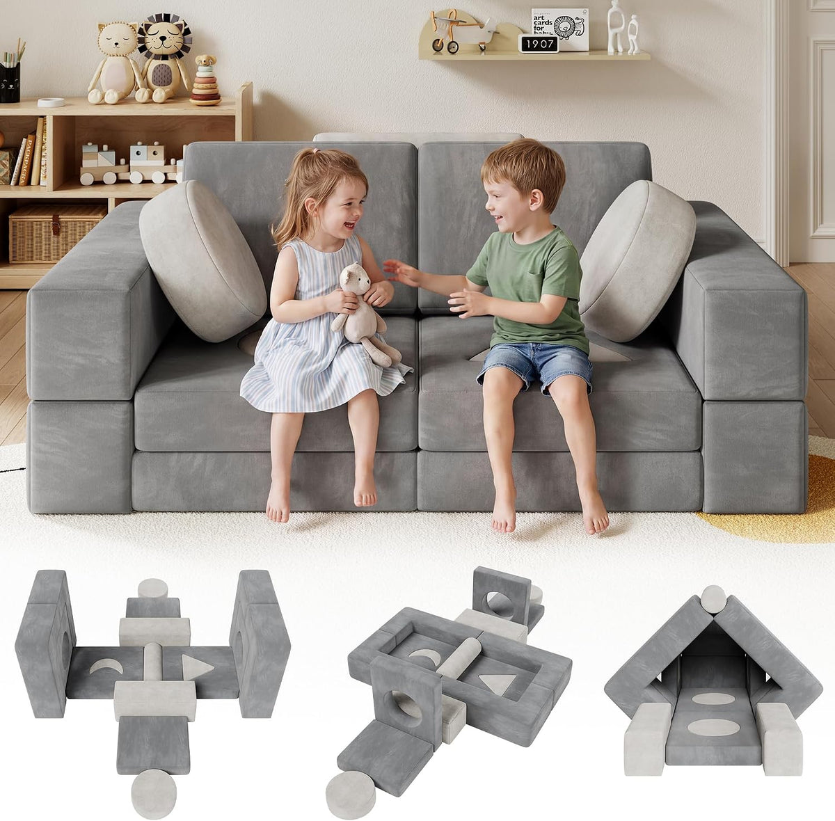 Modular Kids Play Couch, 17-Piece Kids Couch with Shape Pillows & Window Panels, Convertible Play Couch for Kids, Toddler Couch, Kids Sofa with Washable Covers for Playroom, Bedroom, Reading Nook-Grey