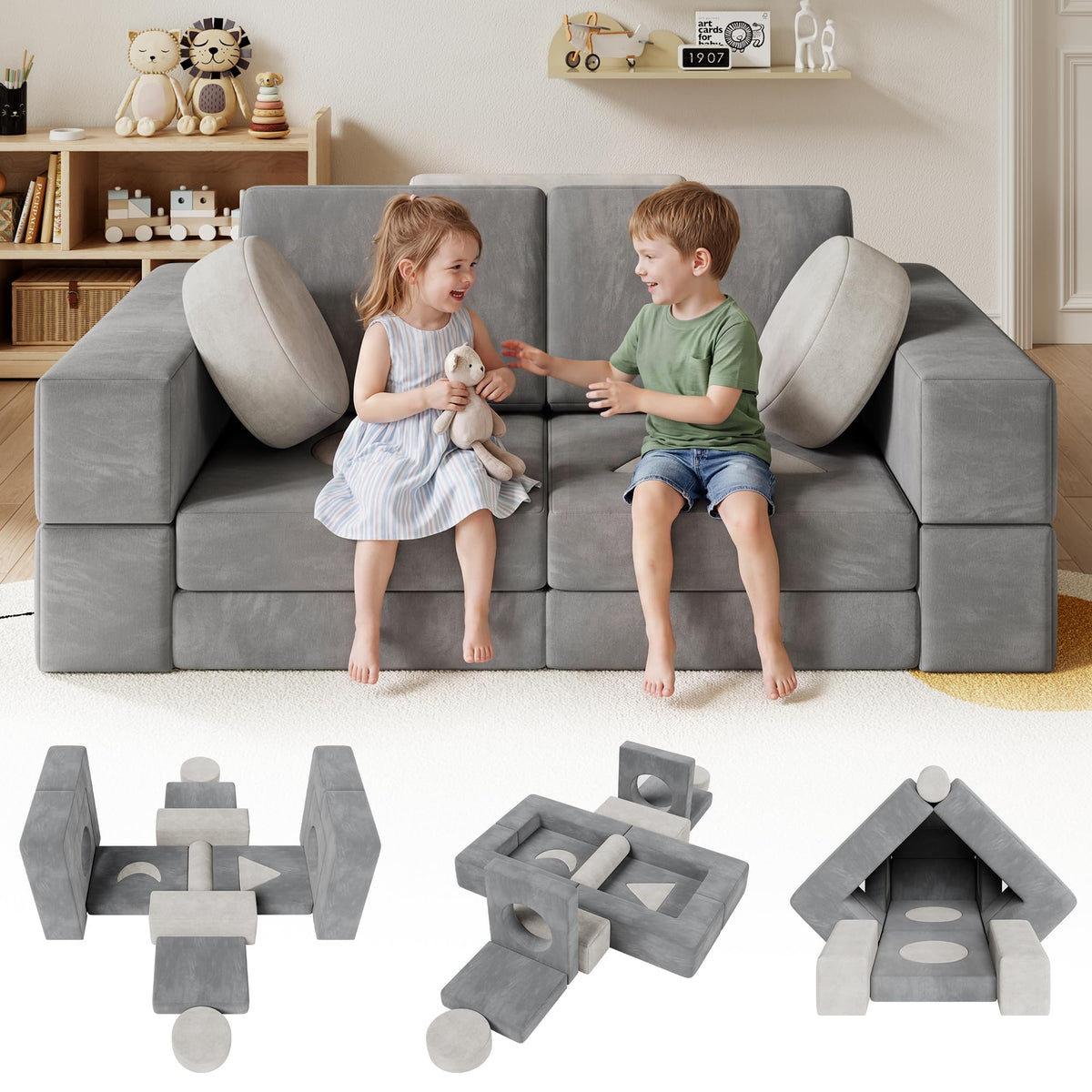 Modular Kids Play Couch, 17-Piece Kids Couch with Shape Pillows & Window Panels, Convertible Play Couch for Kids, Toddler Couch, Kids Sofa with Washable Covers for Playroom, Bedroom, Reading Nook-Grey