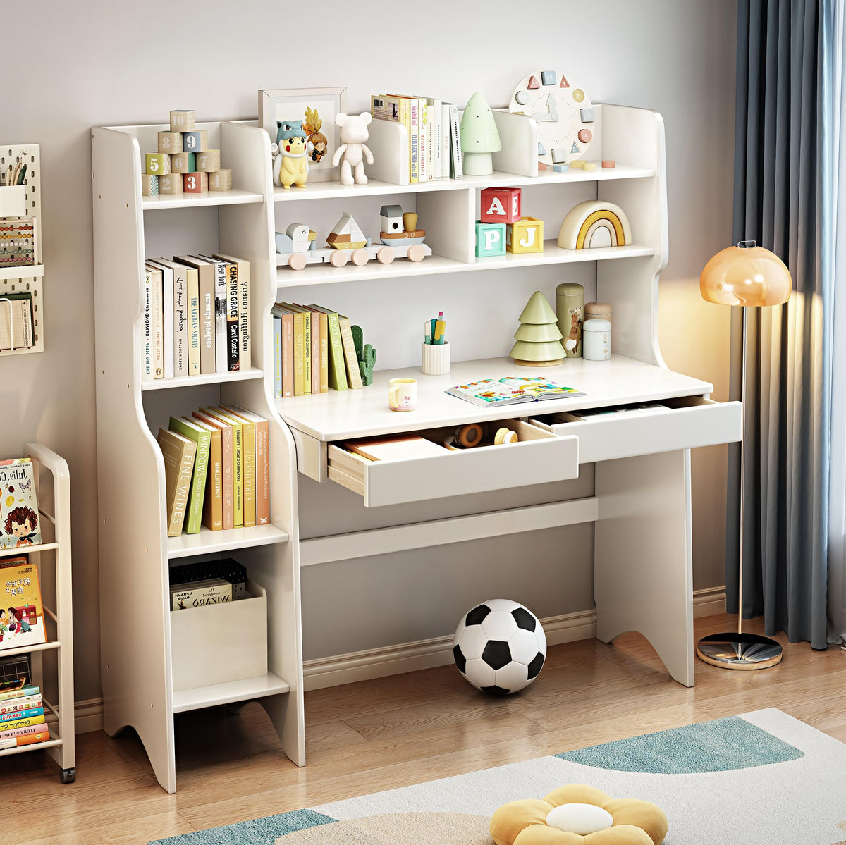 Kids Desk Kids Table with Bookshelf and Two Drawers Rubberwood Kids Media Desk Student Learning Computer Workstation and Writing Desk(White)