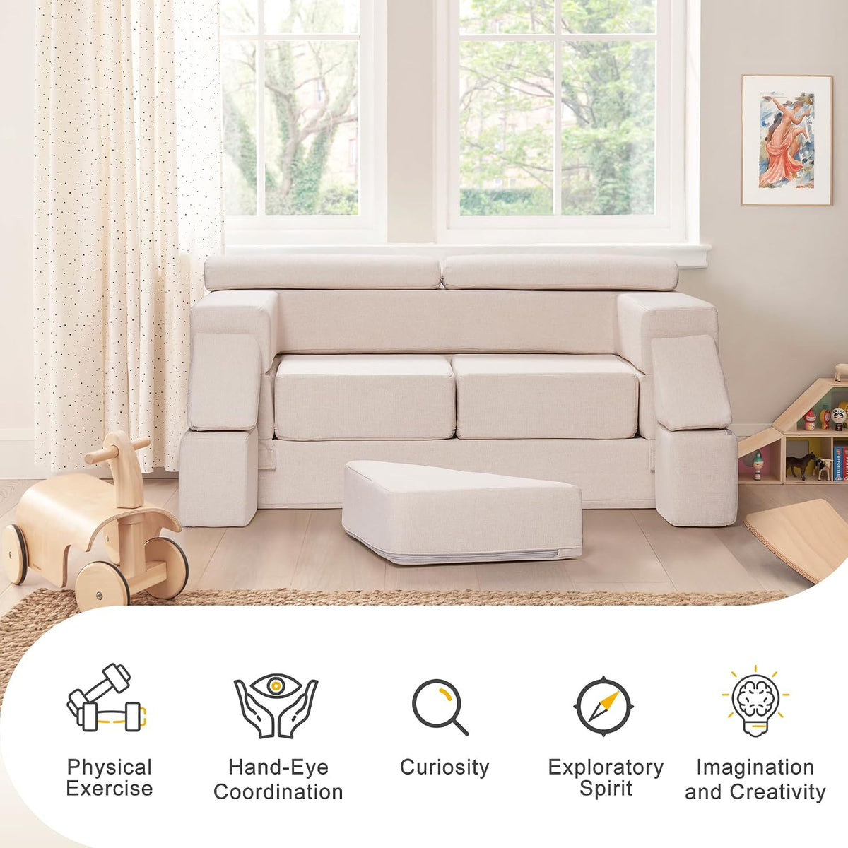 ROBOTIME Modular Play Couch for Kids, Convertible Toddler Sofa with Washable Covers, Versatile Foam Kids Couch for Playroom Forts, Lounging & Creative Play (for Ages 3+)