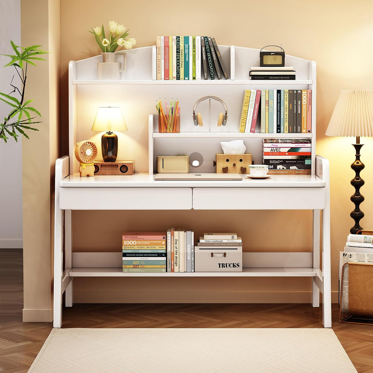 Kids Desk＆Table with Drawers and Bookshelf Wooden Kid's Media Student Learning Computer Workstation and Writing Desk (White)