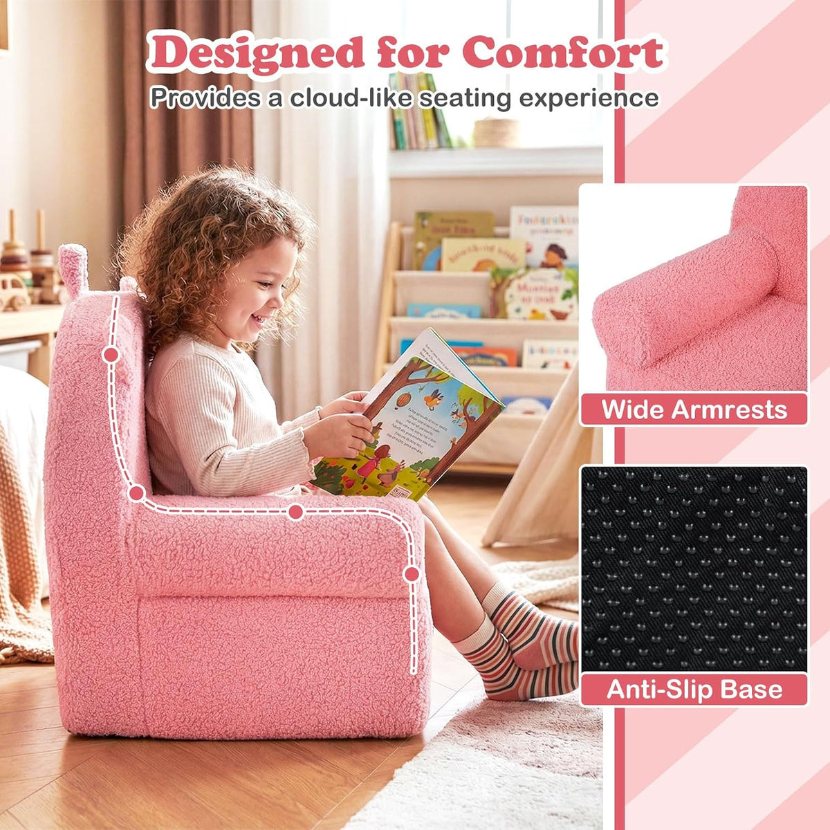 Costzon Kids Sofa, Comfy Bear Toddler Foam Couch with Soft Fleece Fabric Cover, Kids Furniture for Playroom, Children Reading Armchair for Boys & Girls Aged 3+ (["Teddy Fleece],Pink)