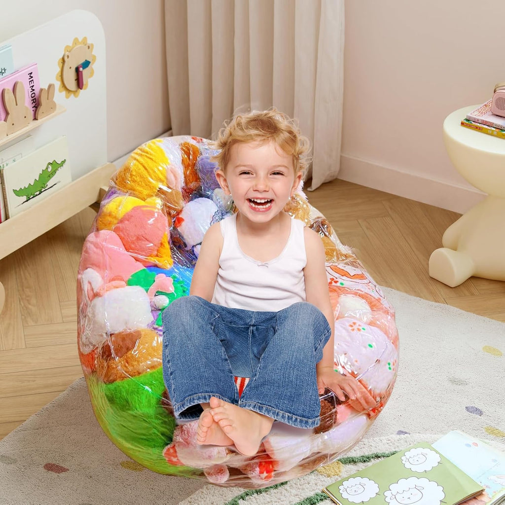 Stuffed Animal Bean Bag Storage Chair Extra Large PVC Clear Waterproof Kids Sofa Organizer for Plush Toys, Bath Toys, Clothes, Blankets and Sitting 29.5x29.5x23.6in