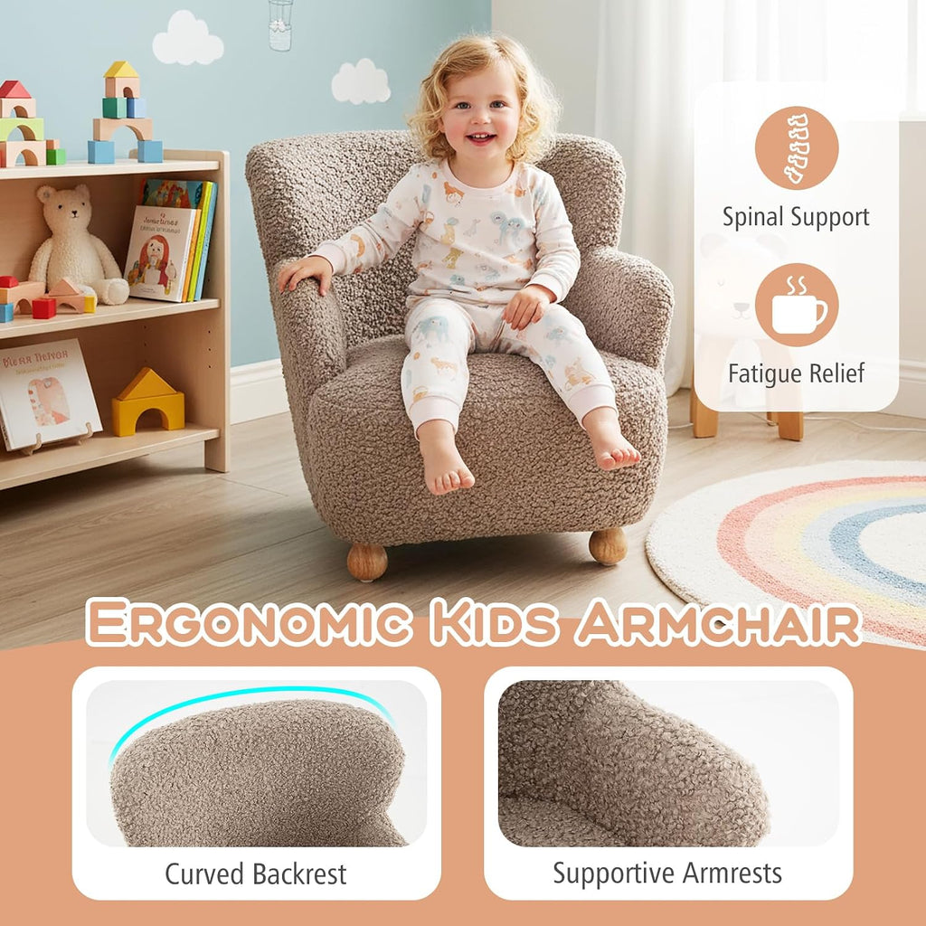 HONEY JOY Toddler Couch, Comfy Kids Chair w/Solid Wooden Frame & Sherpa Fabric, Upholstered Armchair Preschool Furniture, Baby Couch for Playroom, Kids Sofa for Girls Boys (Brown)
