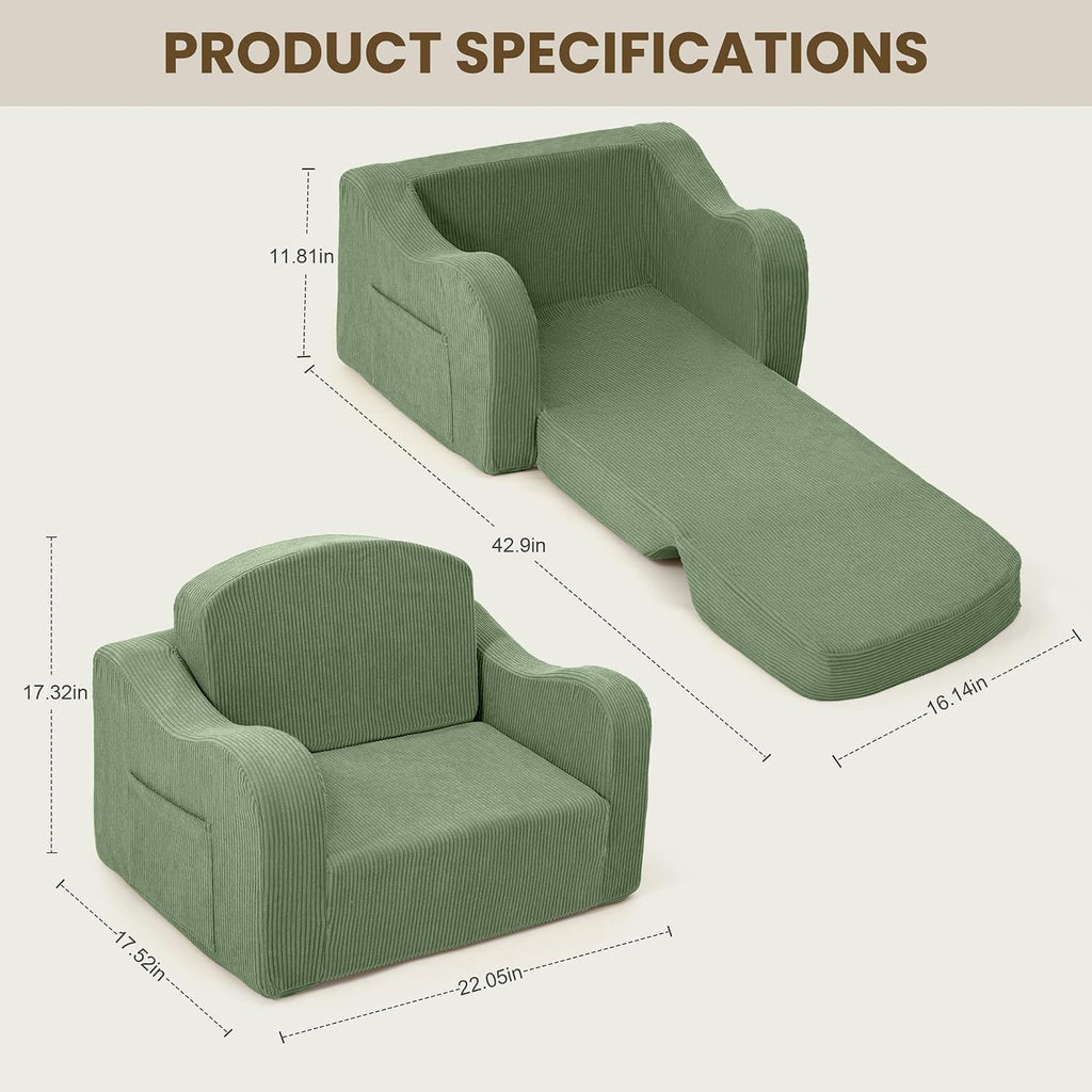 Airpanda Kids Sofa Chair, 2-in-1 Kids Couch, Fold Out Foam Sofa, Green