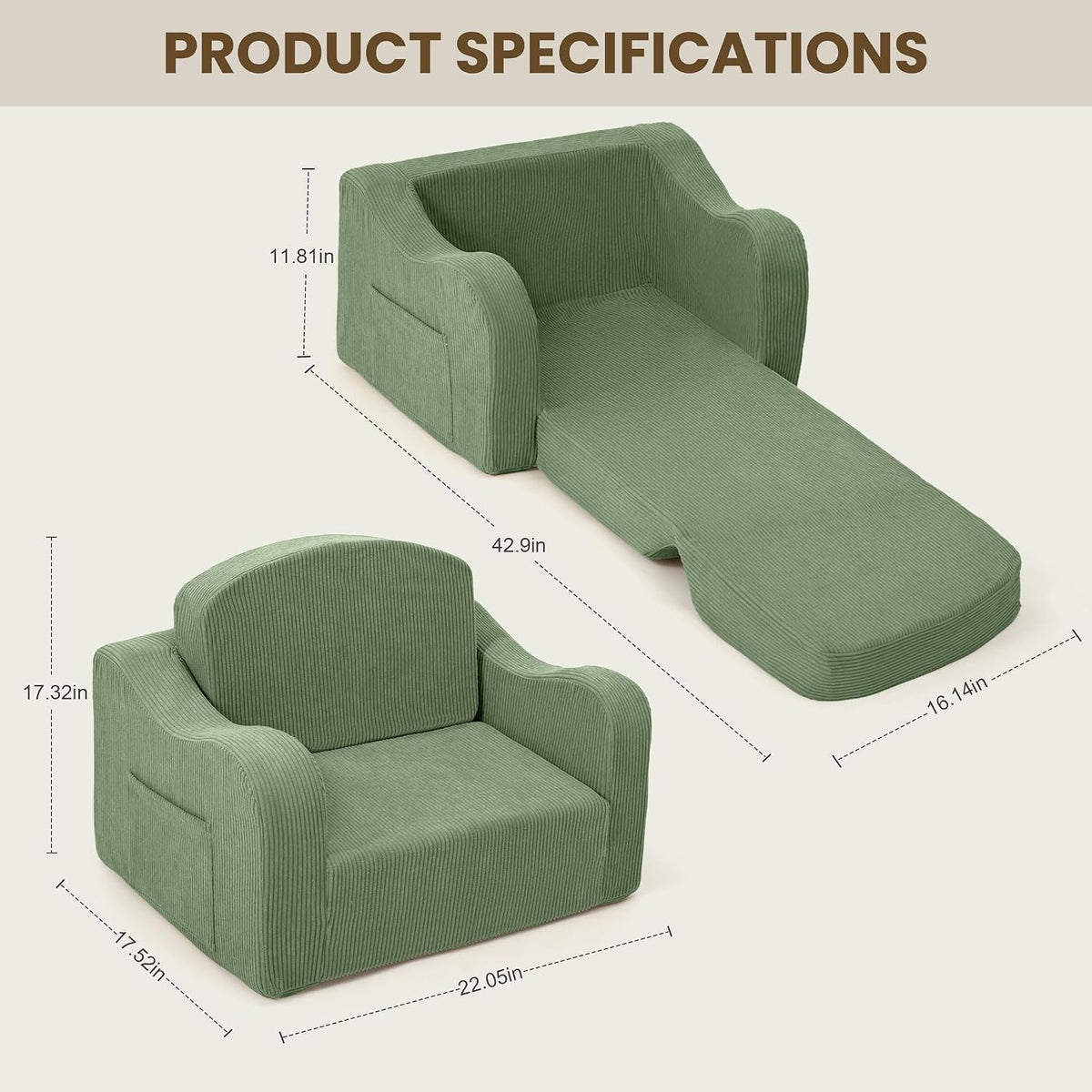 Airpanda Kids Sofa Chair, 2-in-1 Kids Couch, Fold Out Foam Sofa, Green