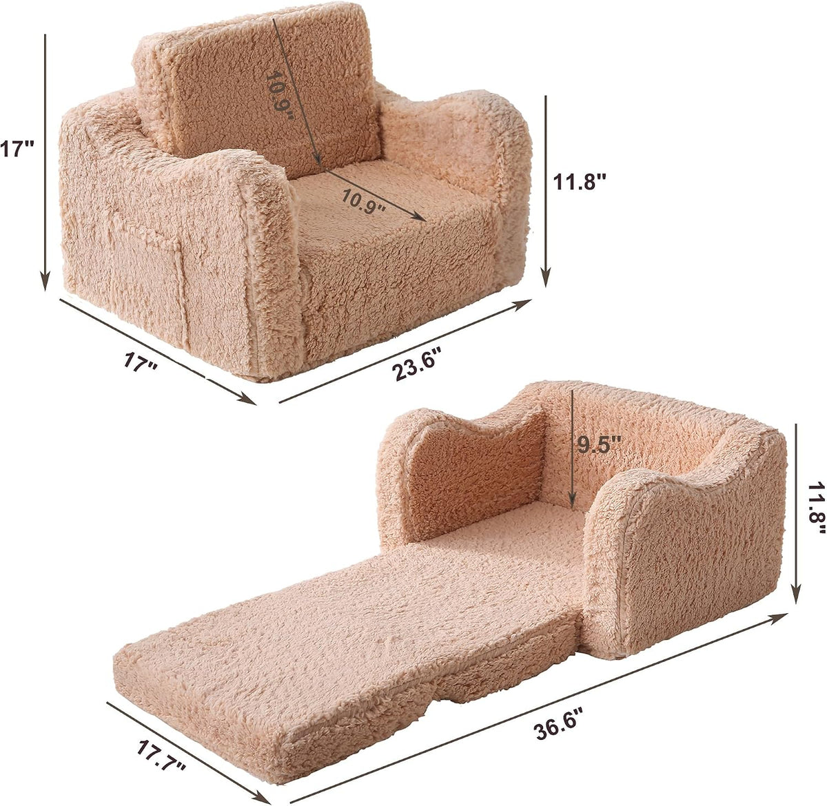 Toddler Couch 2-in-1 Flip Open Sherpa Kids Sofa Chair, Light Brown