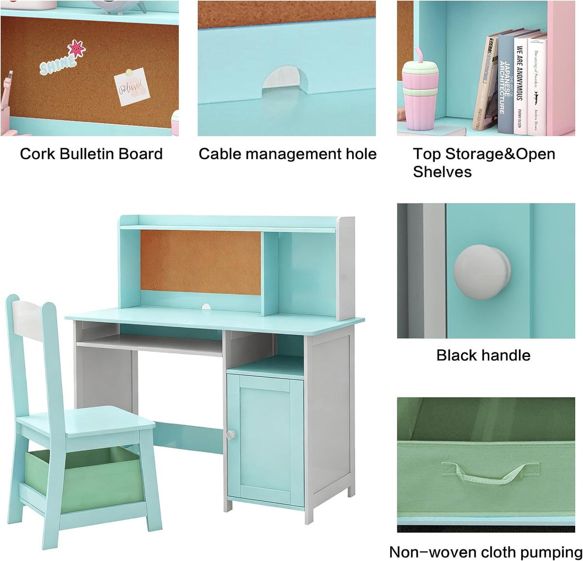 TaoHFE Blue Kids Desk and Chair Set, Kid Desk Chair with Storage and Shelf
