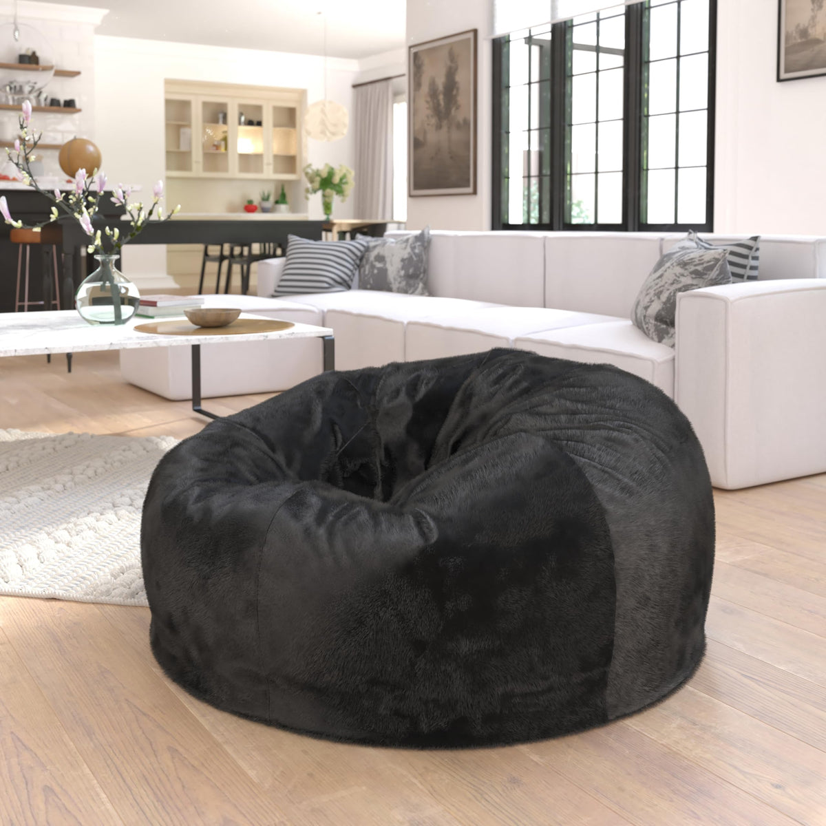 BizChair Sherpa Bean Bag Chair, Classic Refillable Bean Bag Chair for Kids and Teens, Large, Natural