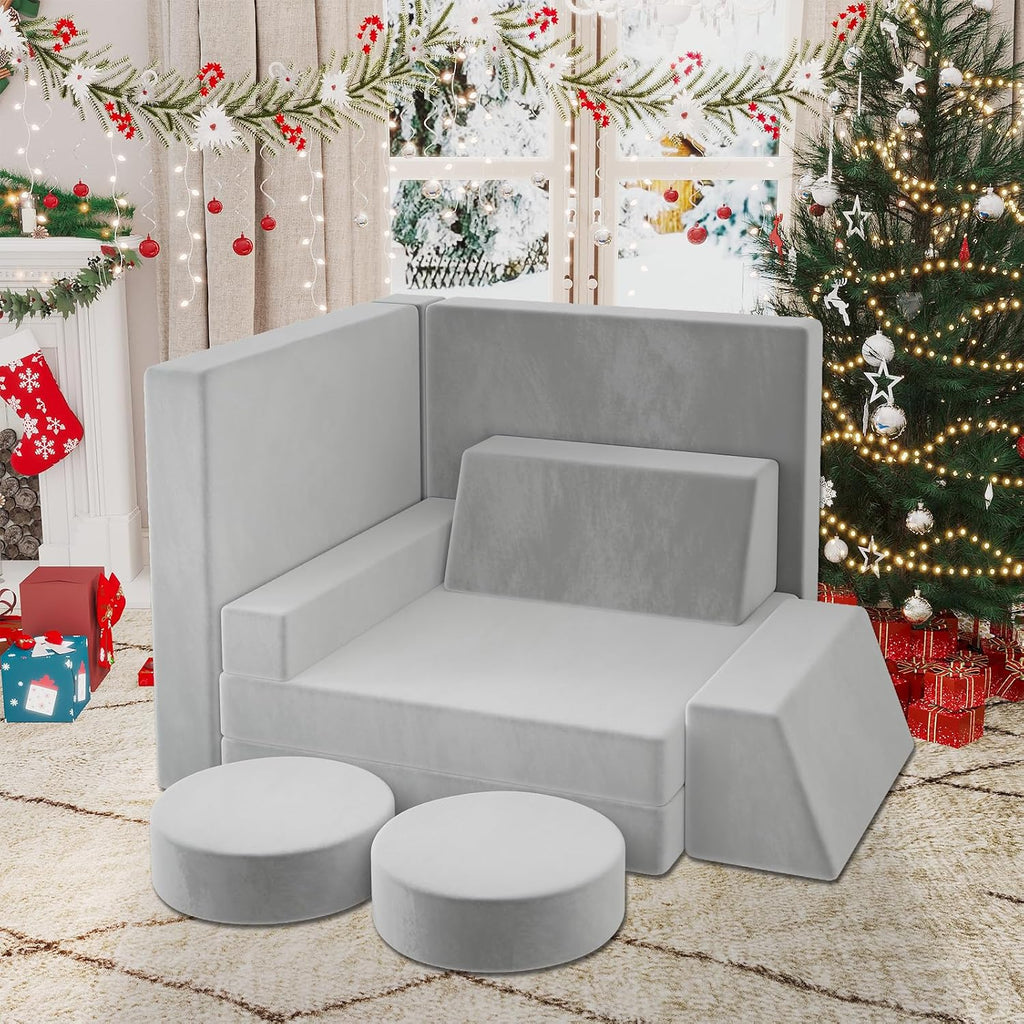 Modular Kids Play Couch, Kids Sectional Couch Sofa, Bedroom and Playroom Convertible Foam for Toddlers, Floor Cushion for Imaginative Boys and Girls (Light Grey-Suede)