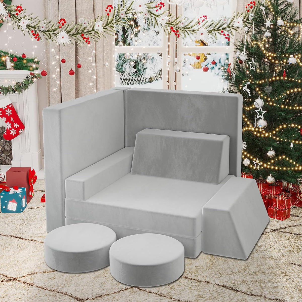 Modular Kids Play Couch, Kids Sectional Couch Sofa, Bedroom and Playroom Convertible Foam for Toddlers, Floor Cushion for Imaginative Boys and Girls (Light Grey-Suede)