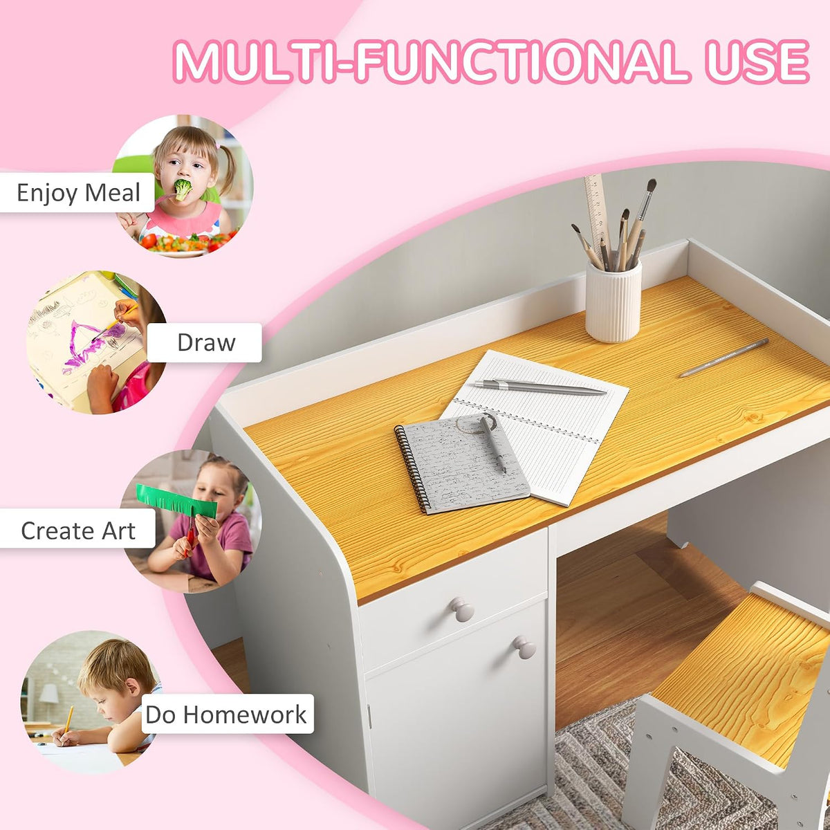 Qaba Kids Desk and Chair Set with Storage Drawer for Children White