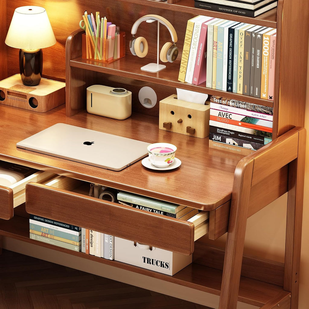 Kids Desk＆Table Wooden Children’s Study Desk with Bookshelf＆Two Drawers Children Study＆Writing＆Computer＆Workstation for 3 and Above(Brown