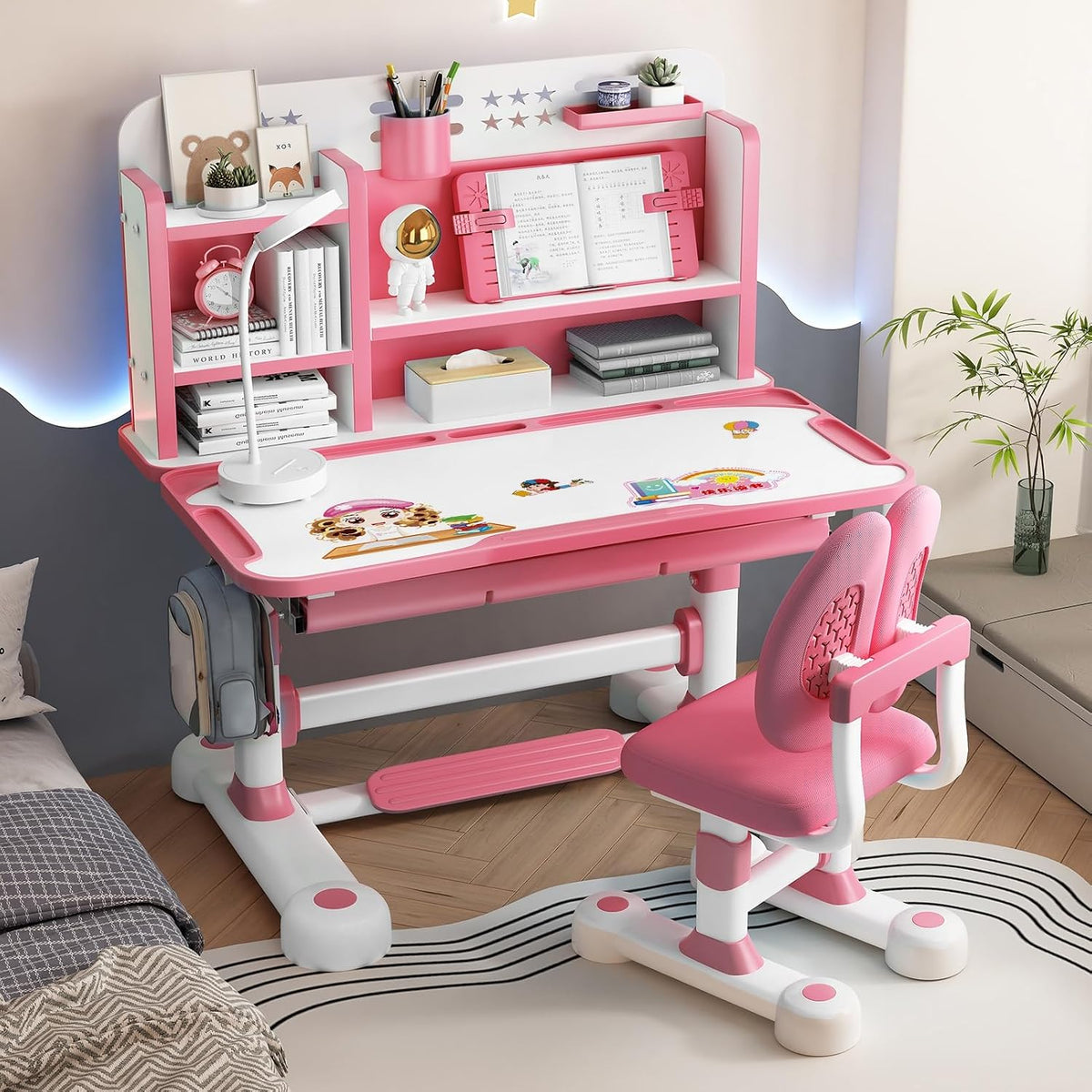 Kids Desk and Chair Set Toddler Desk Art Table for Kids School Desk Height Adjustable Kids Drawing Table with Sitting Corrector, Ergonomic Desk Chair with Book Stand, Foot Pedal Pink