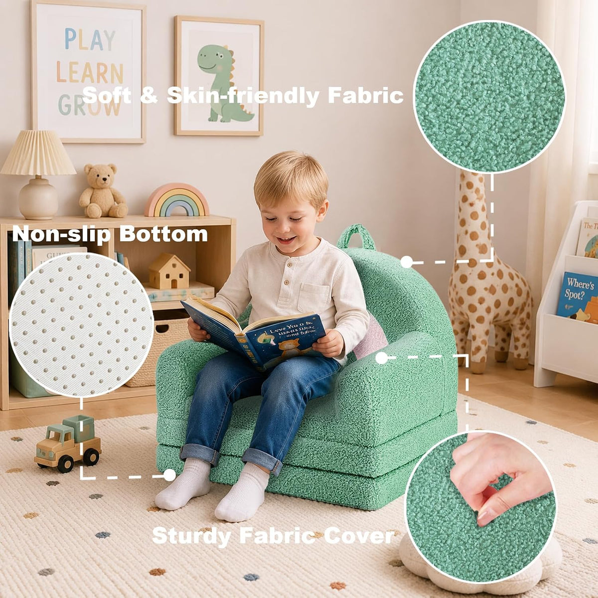 Kids Couch for Toddlers, 2-in-1 Fold Out Toddler Sofa and Lounger, Supportive Foam Chair with Removable Washable Cover for Playroom, Bedroom and Reading, Sage Green