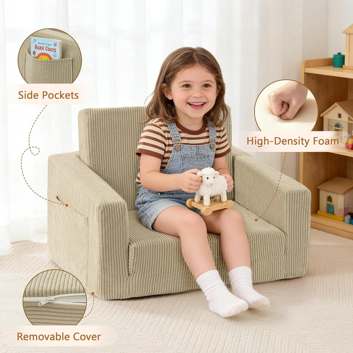 Bubble Ball Comfy Kids Couch, 2-in-1 Foldable Kids Sofa Chair, Beige