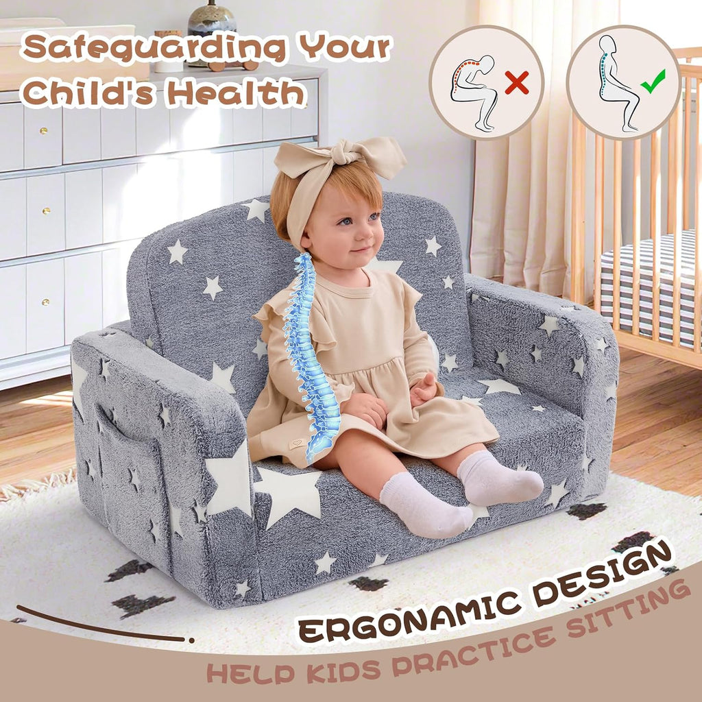 Foryoomi Extra Wide Kids Couch, 2-in-1 Soft Toddler Couch with Blanket, Glow in The Dark, Comfy Toddler Chair, Convertible Sofa, Star