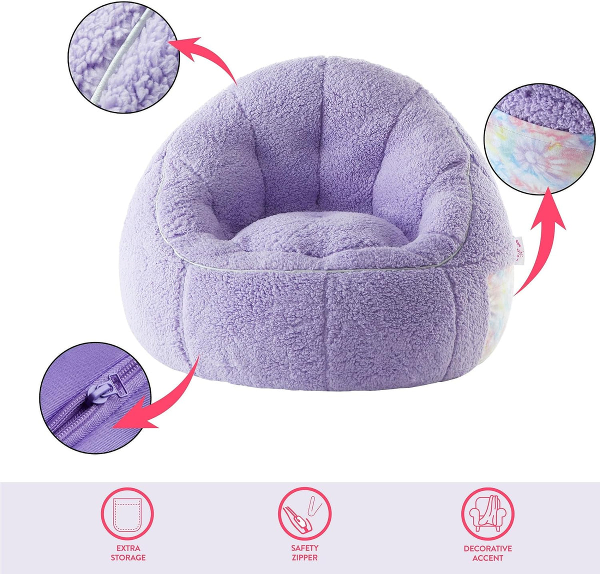 Heritage Kids Soft Teddy Sherpa Purple Bean Bag Chair with Side Pocket,Cozy Seating for Relaxing