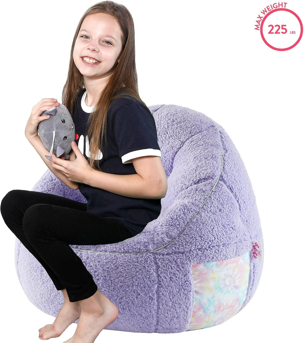 Heritage Kids Soft Teddy Sherpa Purple Bean Bag Chair with Side Pocket,Cozy Seating for Relaxing