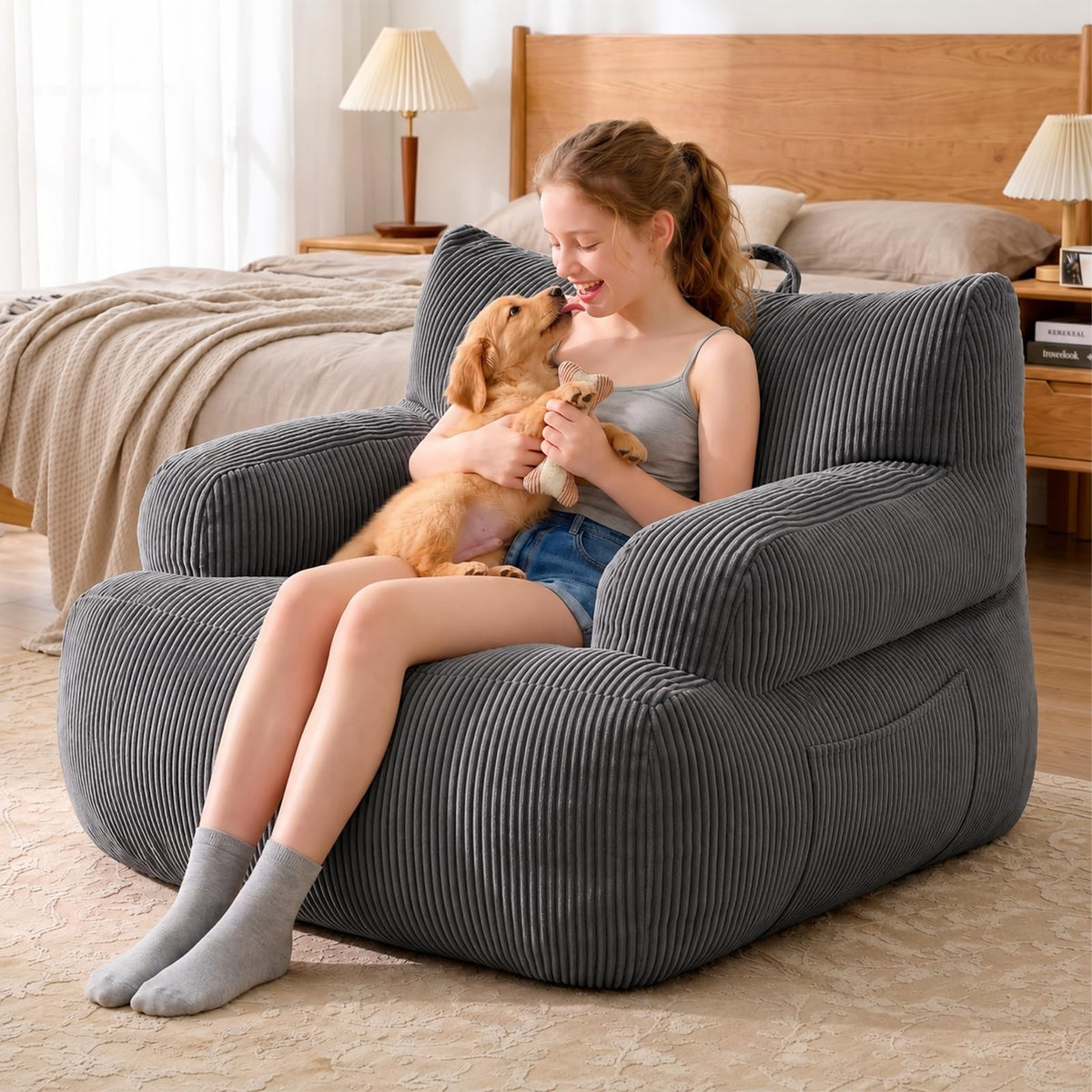 Bean Bag Chairs for Kids, Comfy Bean Bag Sofa for Boys & Girls, Beige