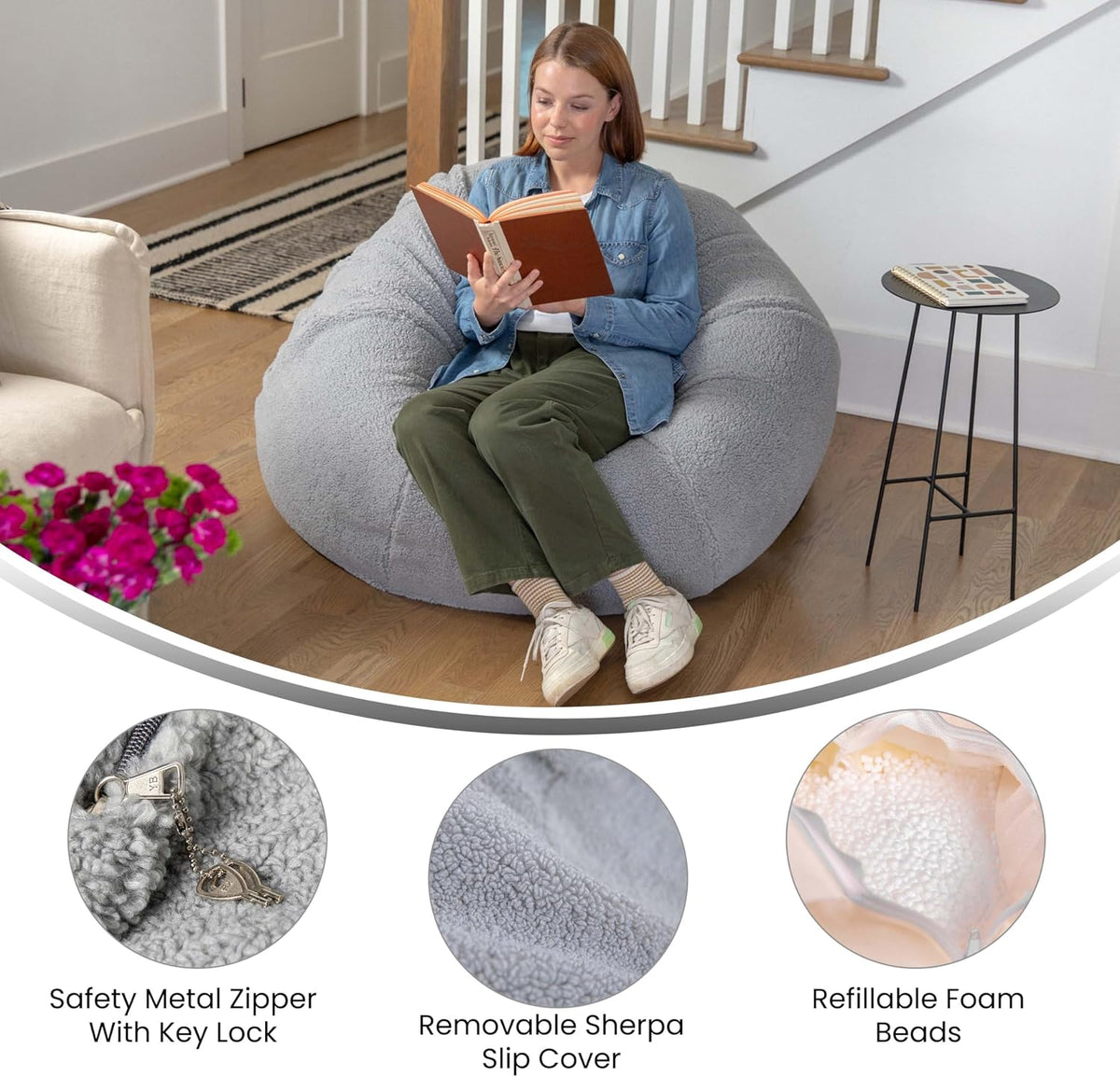 EMMA + OLIVER Gray Large Faux Shearling Bean Bag Chair