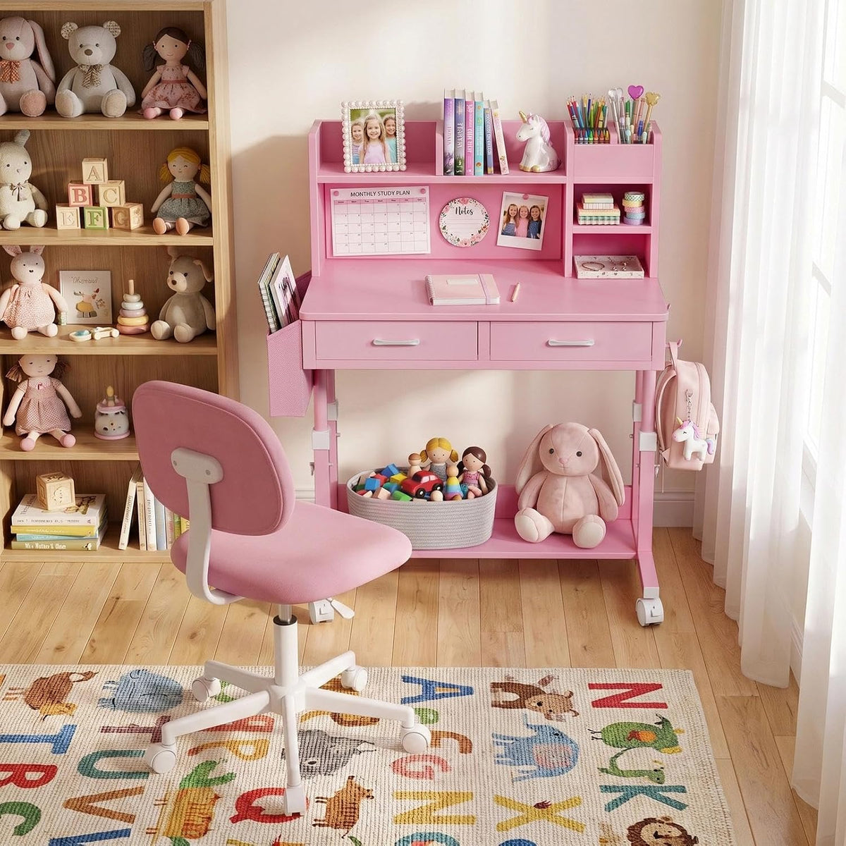Pink Kids Desk with Hutch, 32" Height Adjustable Mobile Rolling Girls Desk