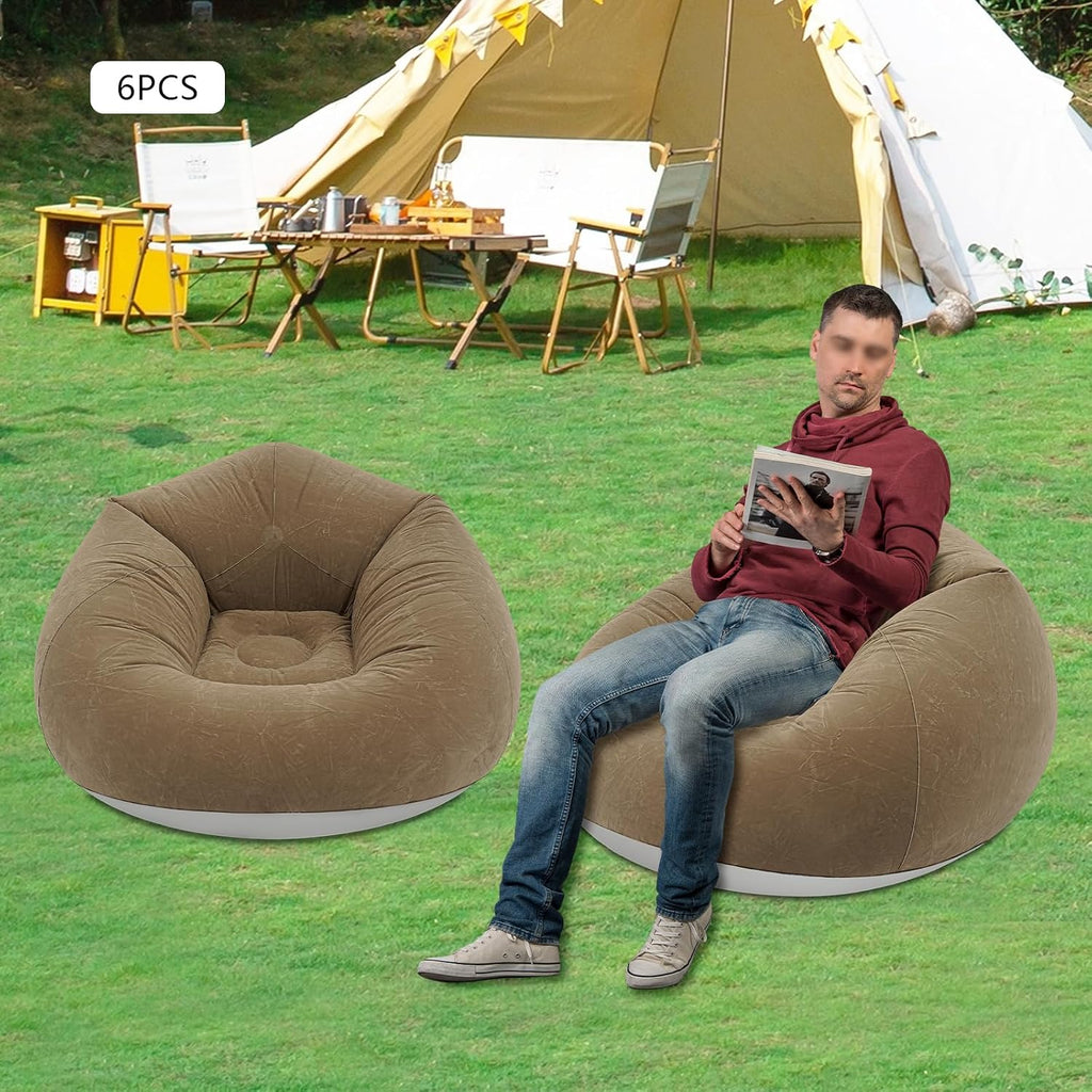 6 Pcs Inflatable Bean Bag Chairs for Adults with Foot Pump, 330lbs Capacity Blow up Couch Folding Portable Inflatable Couch Lazy Sofa for Living Room Reading Gaming (Coffee Color)