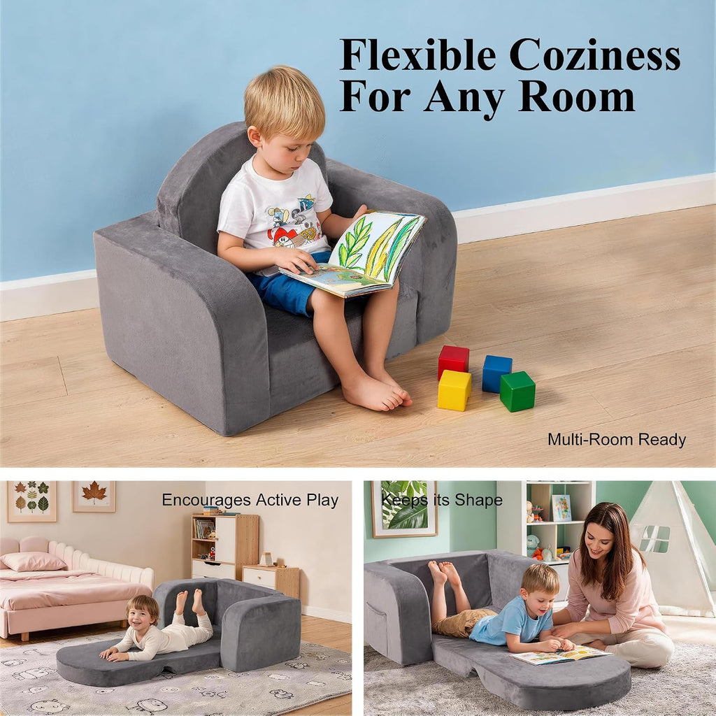 Kids Couch 2-in-1 Foldable Kids Couch, Grey