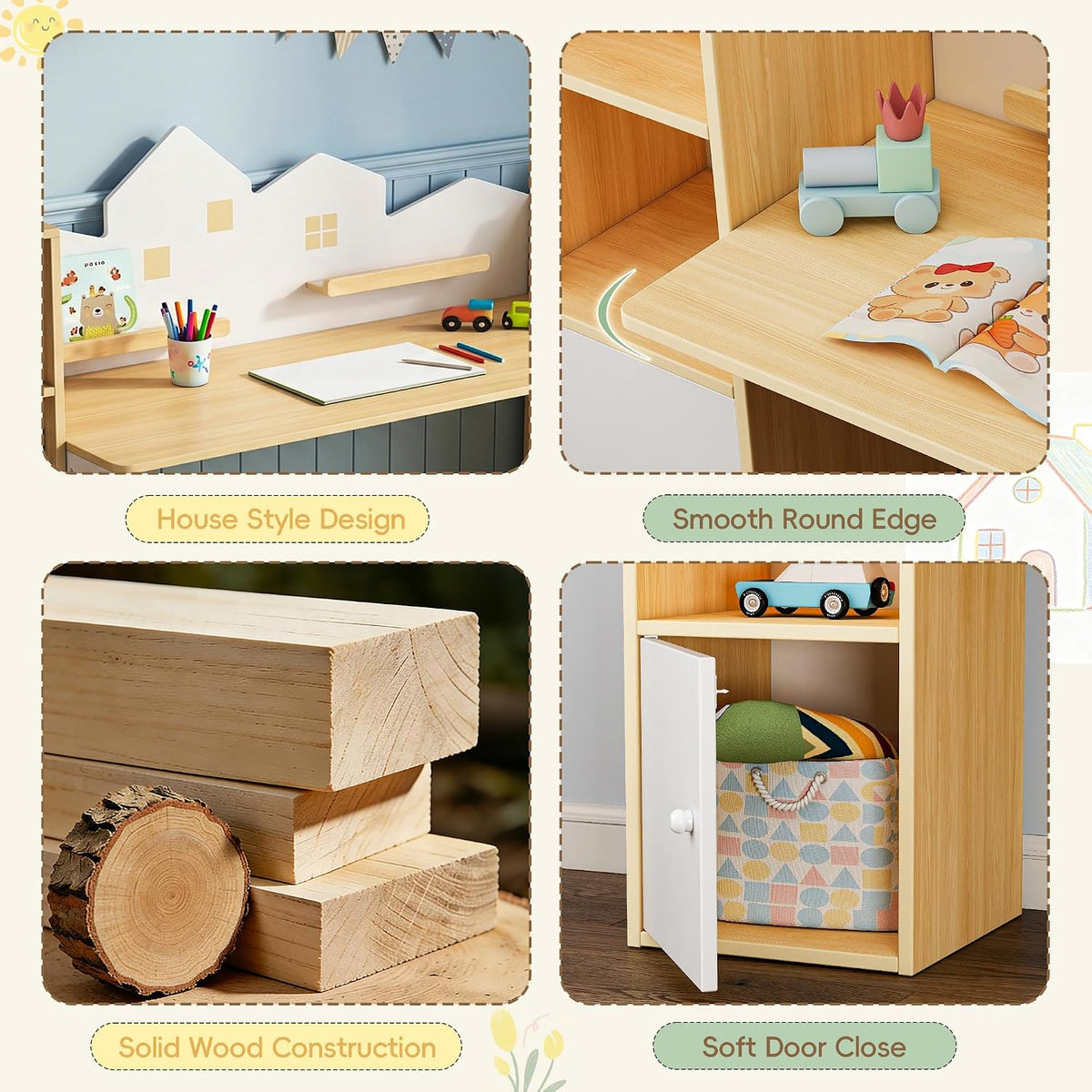 Wooden Kids Study Desk with Storage and 2 Stools, Kids Study Desk and Chair Set, Children Study Table with Bookshelves, Boys & Girls Study Desk for Ages 3-8, Bedroom, Toddler (House)