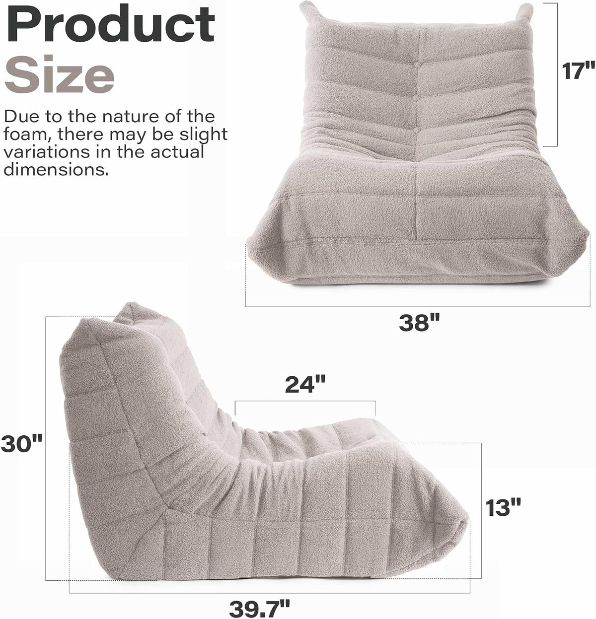 LAUSAINT HOME Memory Foam Bean Bag Chair for Adults, Bean Bag Couch Chenille Fabric with Ergonomic Design for Living Room and Bedroom, No Assembly Required(Grey)
