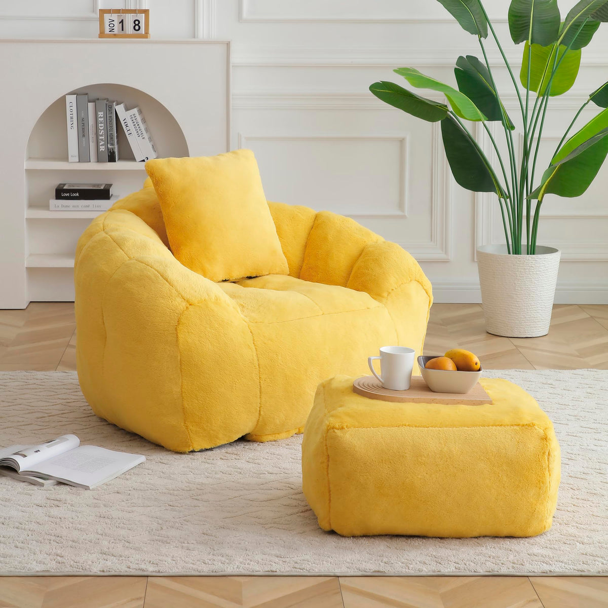 Giant Bean Bag Chair for Adults, Memory Foam Filler Big Stuffed Accent Sofa with Footstool, Faux Fur Shell-Shaped Lounge Chair for Bedroom, Gaming, Reading - Indoor Beanbag Couch for Kids (Light Blue)