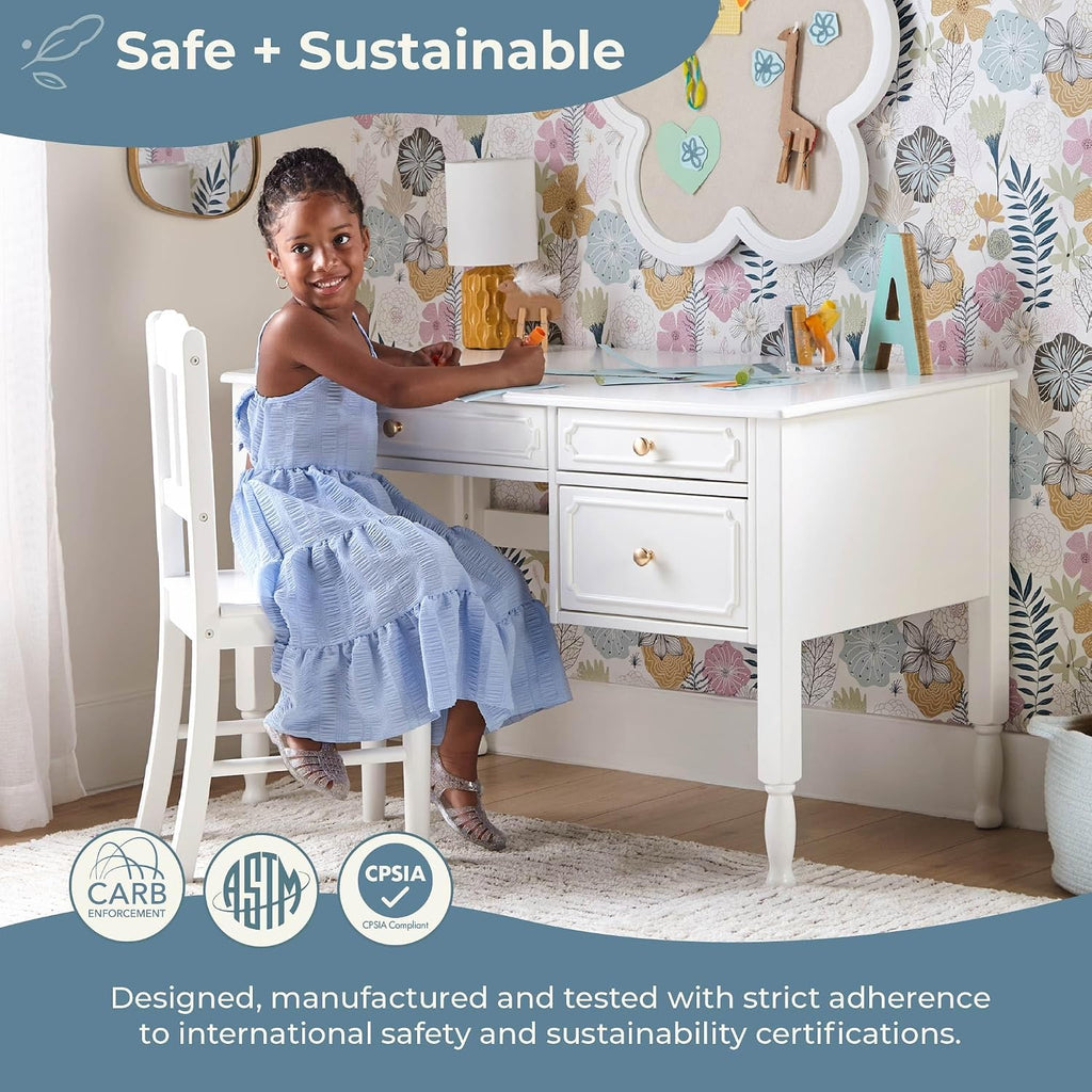 Guidecraft Avery Kids' Desk and Chair Set - White: Girls Wooden Study Desk with Storage Drawers, Computer Workstation for Children