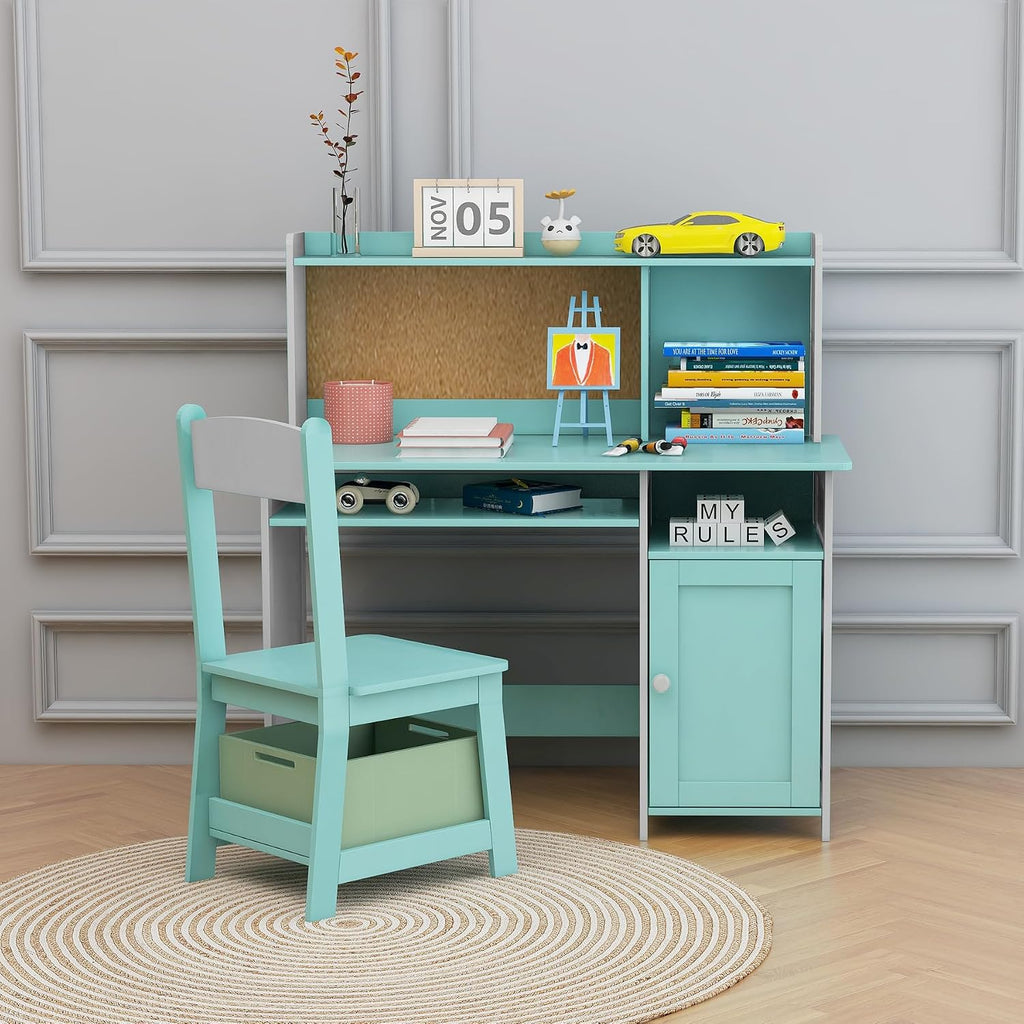 TaoHFE Blue Kids Desk and Chair Set, Kid Desk Chair with Storage and Shelf