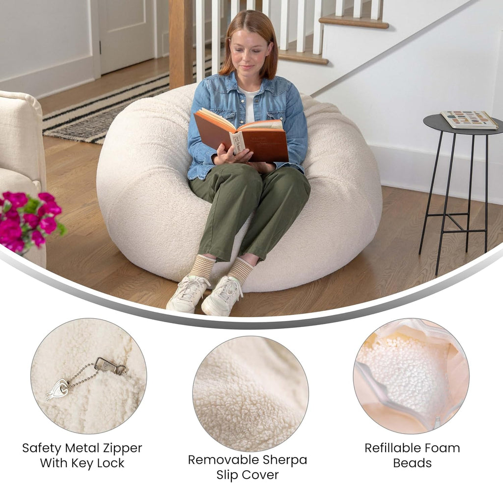 BizChair Sherpa Bean Bag Chair, Classic Refillable Bean Bag Chair for Kids and Teens, Large, Natural