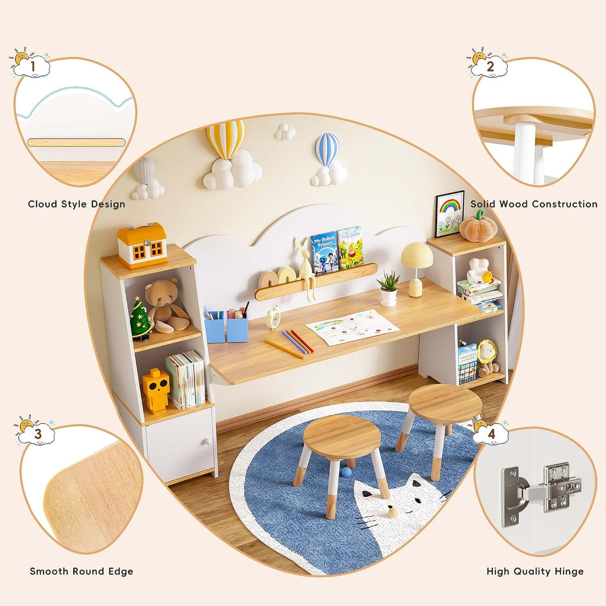 Betterhood Kids Study Desk and Chair Set with Storage, Student Study Desk, Children Study Table and Chair Set, Kids Study Desk with Bookshelves and 2 Stools, Ages 3-8, Boys, Girls, Toddler, Bedroom